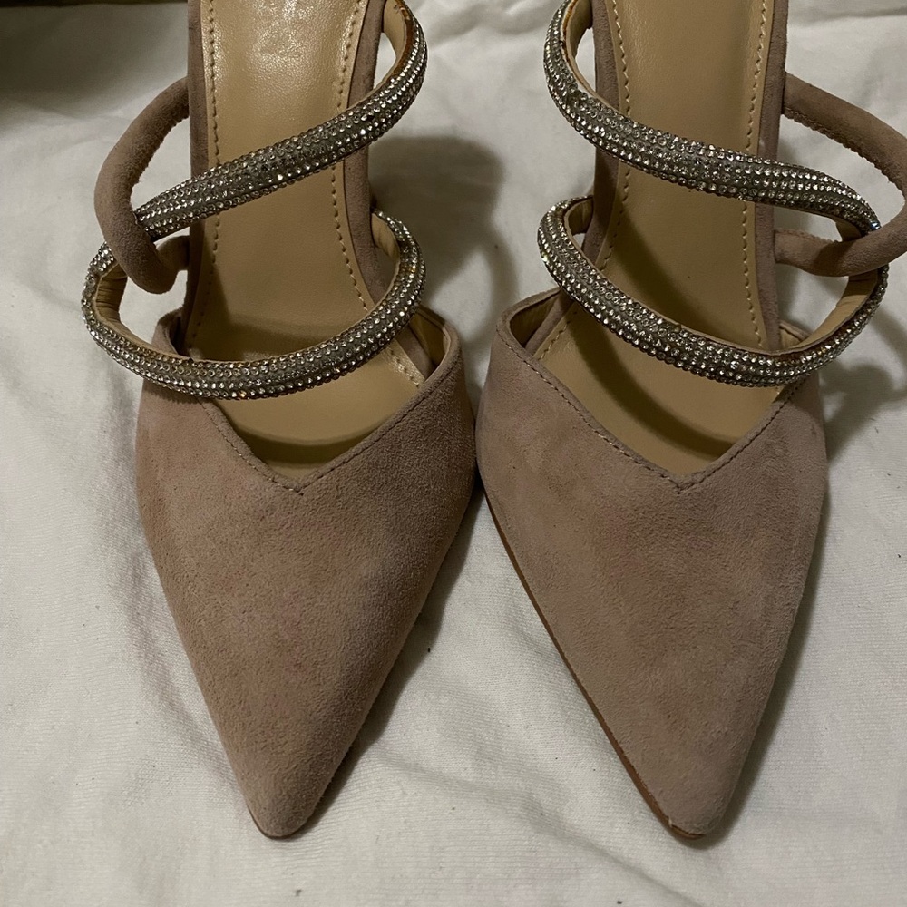 Marc Fisher Tan Pointed-Toe Heels with Rhinestone Straps